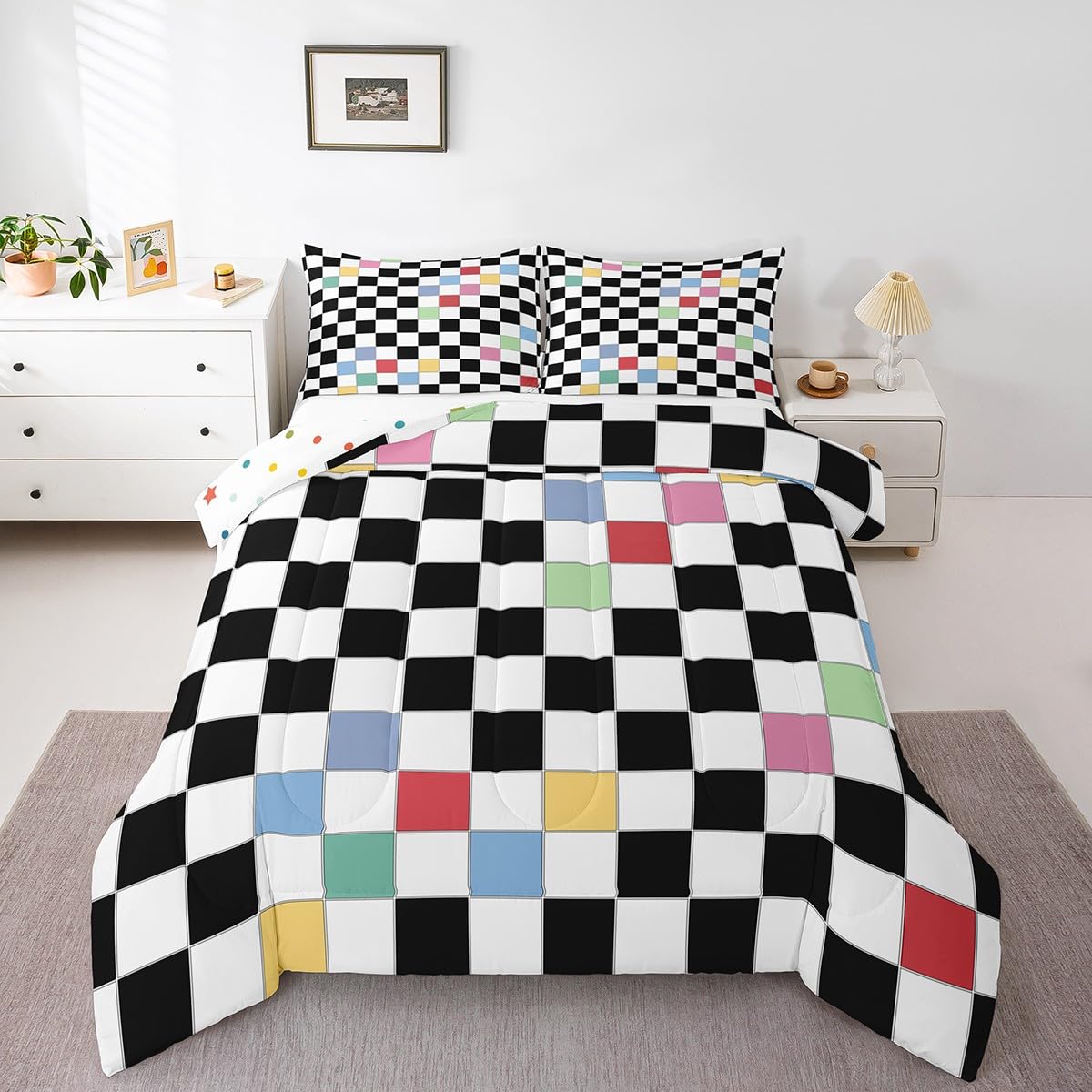 Erosebridal Black White Checkered Kids Bedding Set Queen Colorful Checkerboard Grid Comforter Set Funky Buffalo Plaid Quilt Set for Boys Girls Teen Groovy Gingham Bed Set Aesthetic Room Decor
