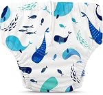 Charlie Banana Reusable Swim Diaper, Washable, Adjustable Drawstring Diaper for Baby Girls Boys, Reusable, Washable, Waterproof Fit to Prevent Leaks - The Whale on White, Size M (16-28 lbs.)