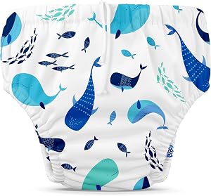 Charlie Banana Reusable Swim Diaper, Washable, Adjustable Drawstring Diaper for Baby Girls Boys, Reusable, Washable, Waterproof Fit to Prevent Leaks - The Whale on White, Size M (16-28 lbs.)