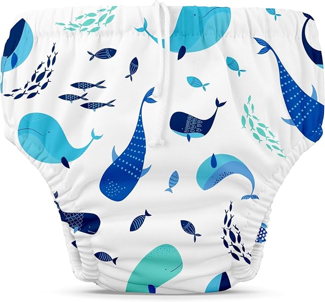 Charlie Banana Reusable Swim Diaper, Washable, Adjustable Drawstring Diaper for Baby Girls Boys, Reusable, Washable, Waterproof Fit to Prevent Leaks - The Whale on White, Size M (16-28 lbs.)