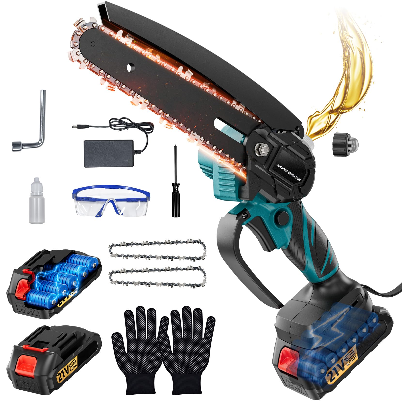 Mini Kettensäge mit Akku 6 Zoll, 550W Bürstenloser Motor Elektrische Kettensäge, 2x 4000mAh Akku Astsäge mit Automatischer Öler & Sicherheitsschalter, Leichte Handkettensäge für Gartenarbeit Baumschne