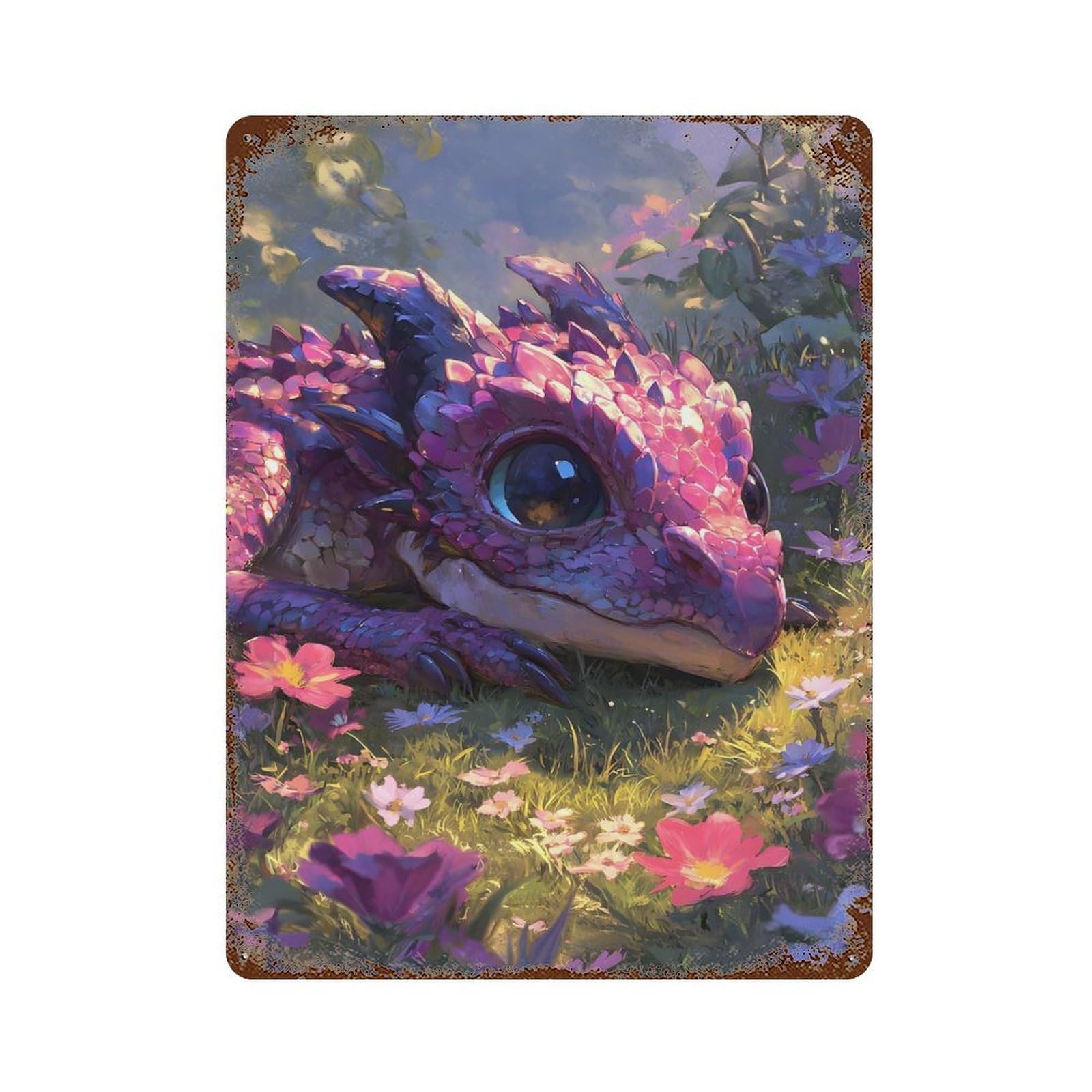 Cute Pink Dragon in Flower Meadow Weathered Tin Sign 15.7"x11.8", for Basement, Hobby Room And Garage Decor, Rustic Home Decor