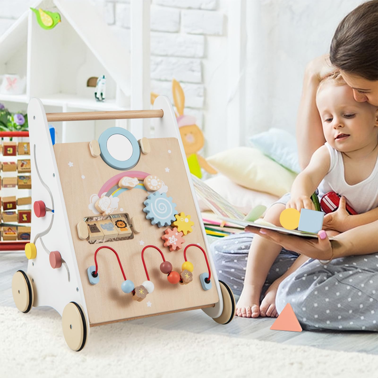COSTWAY Andador Bebes de Madera, 7 en 1 Andador de Aprendizaje para Empujar/Jalar, Juguetes de Actividad de Madera, Desarrolla las Habilidades Motoras, Juguete para Caminar para Niños de 1+ Años