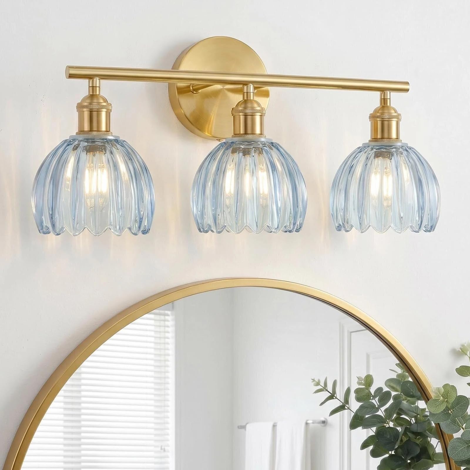 Gold Bathroom Light Fixtures Over Mirror, 3 Light Bathroom Vanity Light with Tulip Blue Glass Lampshade, Vintage Vanity Lights for Bathroom, Bathroom Vanity Lights Over Mirror