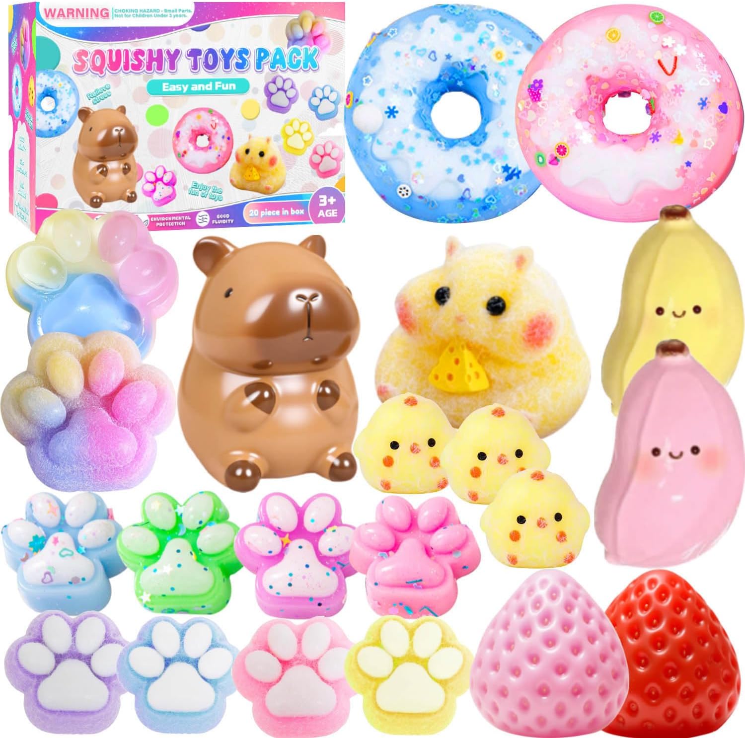 Taba Toys Pack - Big Squishy Fidget Stress Relief Squeze Toys Kit, Includ Animals Strawberry Paw Banana Donut Hamster Chick, Cute Squishies Squishys Birthday for Girls Kids
