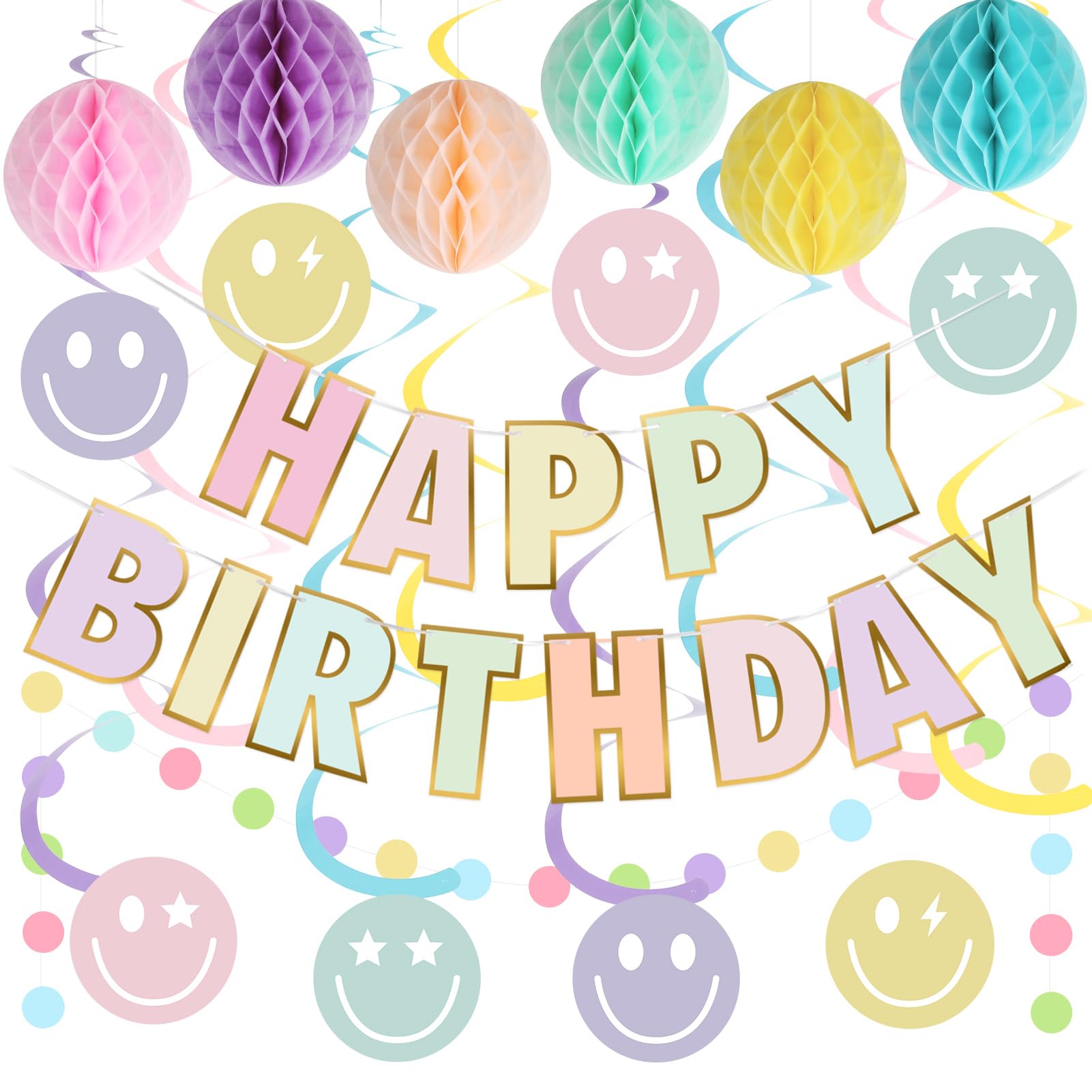 YEOCU Birthday Decorations, NO DIY, Pre-Strung Happy Birthday Banner with Honeycomb Balls, Hanging Swirls, Circle Dots Garland, Happy Birthday Party Decorations for Women Men Boys Girls (Pastel)