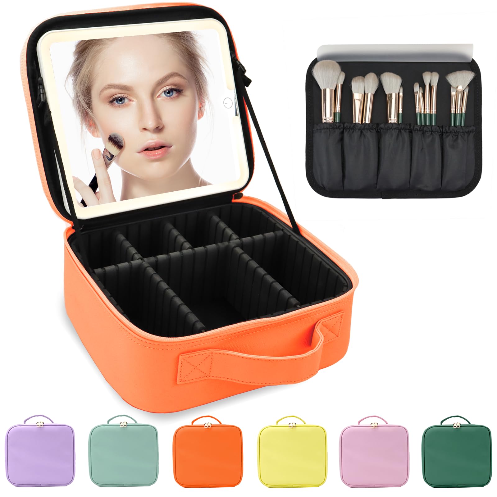 Travel Makeup Bag for Women and Makeup Artists Cosmetic Organizer Large Makeup Case,Travel Makeup Bag with Mirror 3 Color Setting,Portable Storage and