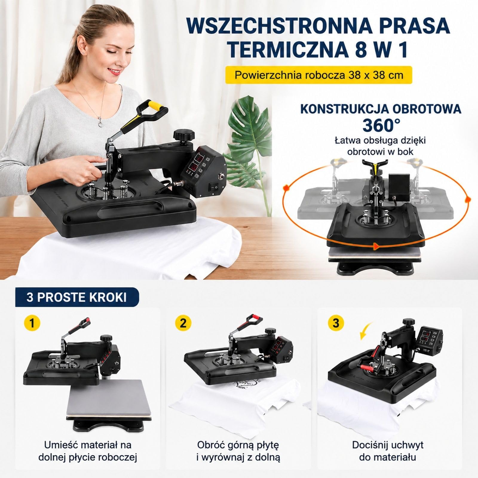 Prasa termiczna 8 w 1, czarna cyfrowa maszyna swing do transferu na koszulki, czapki, kubki i talerze