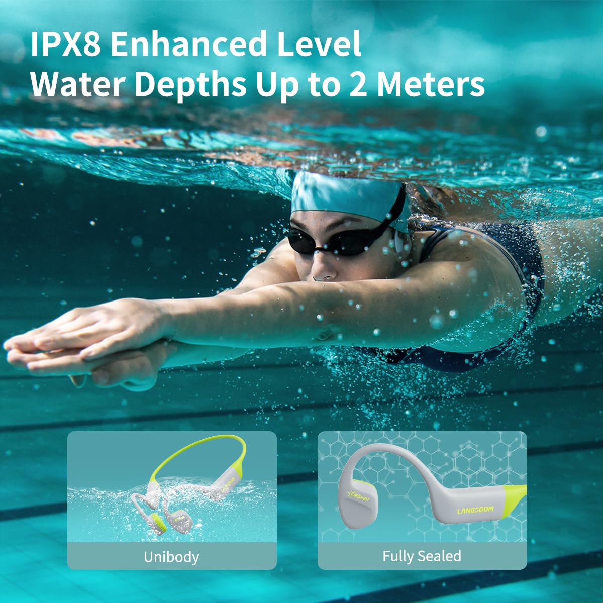 Langsdom AirSwim - Auriculares de conducción ósea, IPX8, impermeables, silicona agradable a la piel, memoria de 32 GB, batería de 8H, modo Bluetooth y MP3, ajuste cómodo para correr y nadar (verde