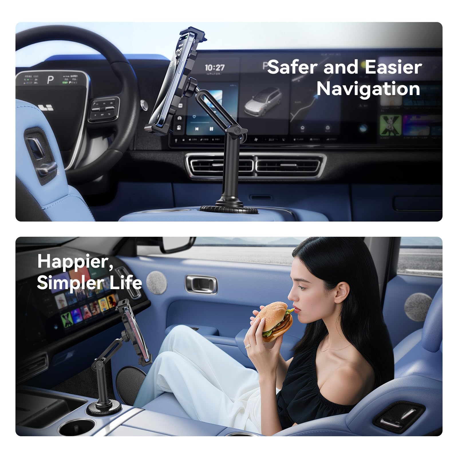 KDD Support Tablette Voiture avec Bras Réglable Long, Support iPad Universel pour Porte-gobelet de Voiture, Compatible avec Tablettes, Téléphones 4,7-13” pour iPad Pro, Galaxy, Switch