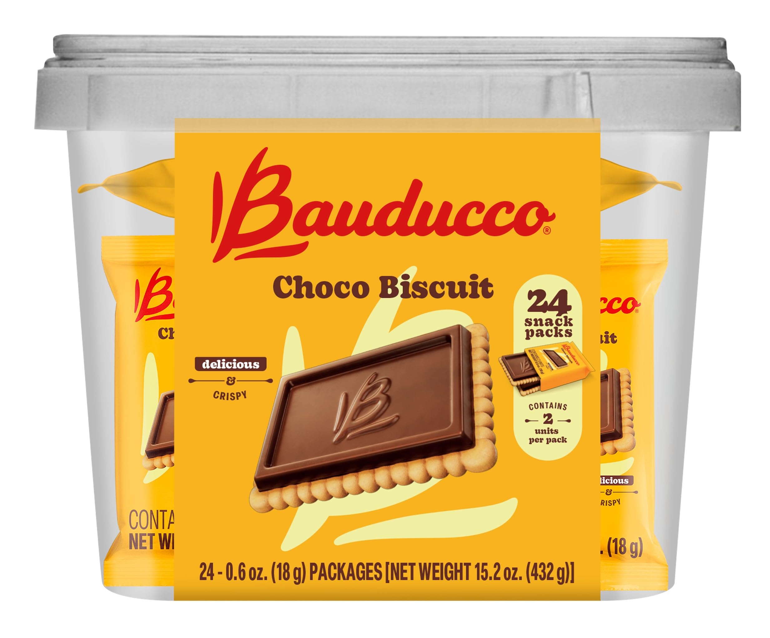 Bauducco Choco Biscuit Cookies, 430 ml (24 pezzi) - croccanti e deliziosi biscotti al cioccolato, confezionati singolarmente per snack, dessert e contenitori per il pranzo, 2 biscotti per confezione