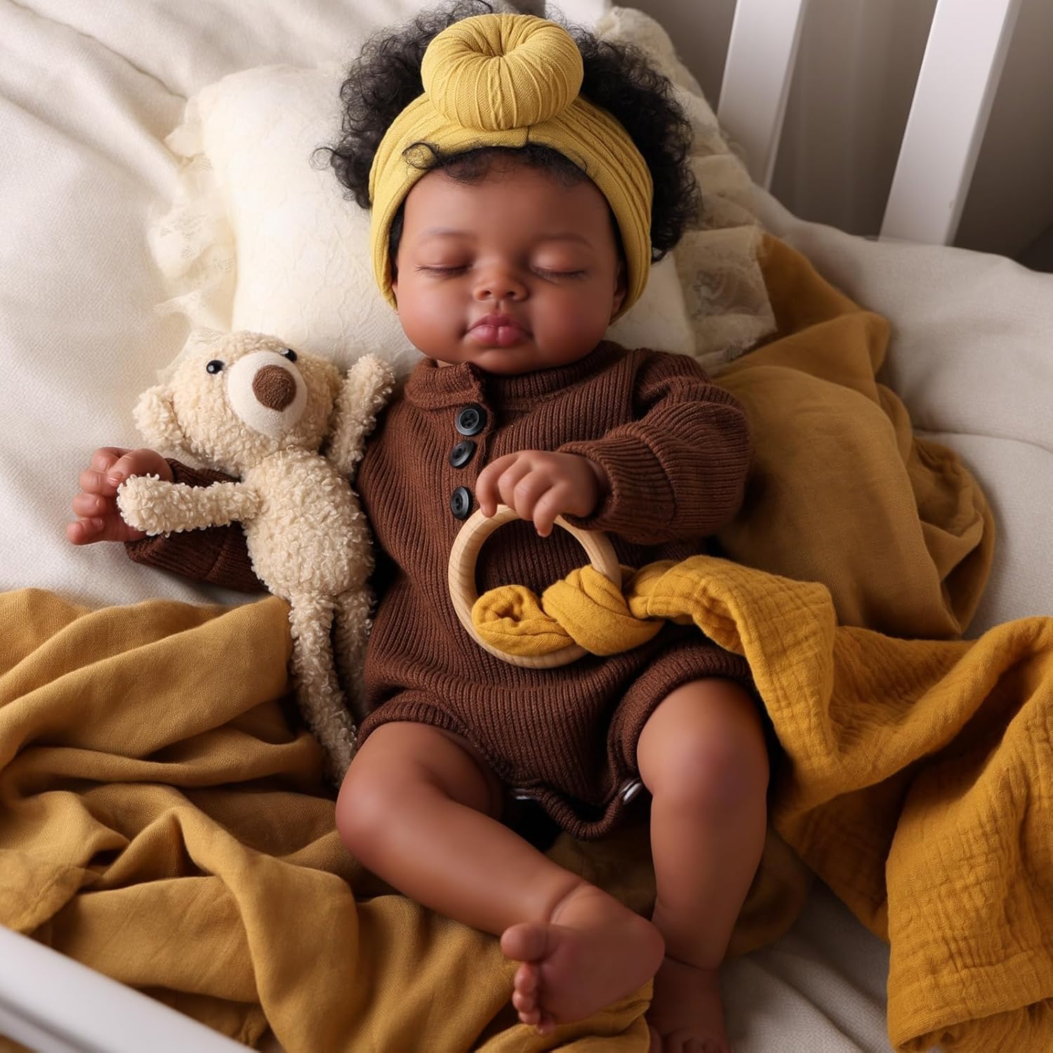 BABESIDE Black Reborn Baby Dolls, 17 Inch Realistic Black Newborn Lifelike Real Life Baby Dolls Soft Vinyl & Cloth Body with Feeding Kit Gift Box for Kids Ages 3+