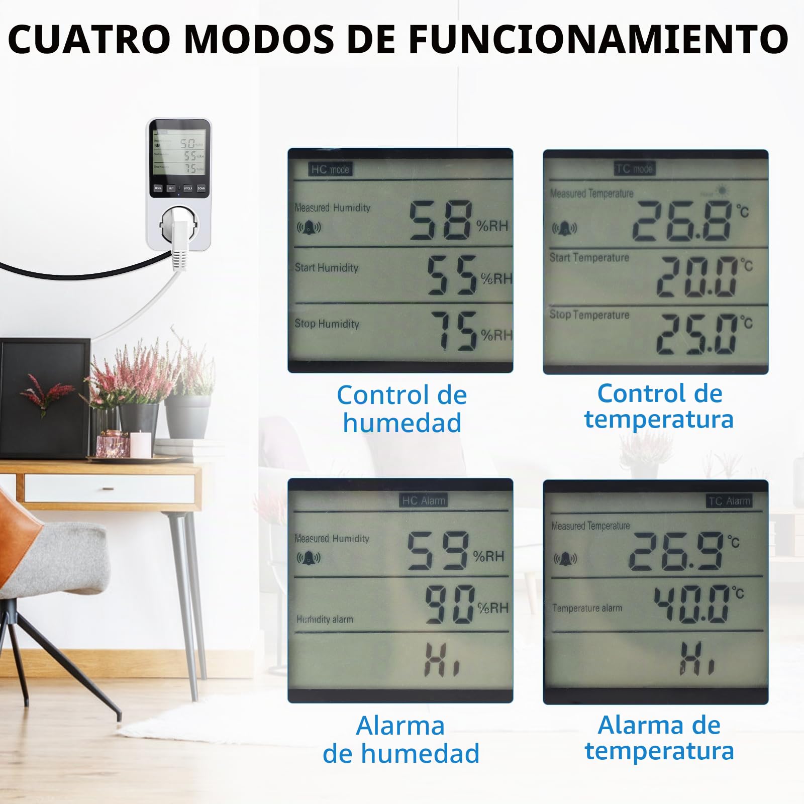 SWAWIS Enchufe termostático, regulador de temperatura y humedad, 230 V, con sonda higrostato digital, enchufe con alarma para humidificador y deshumidificador