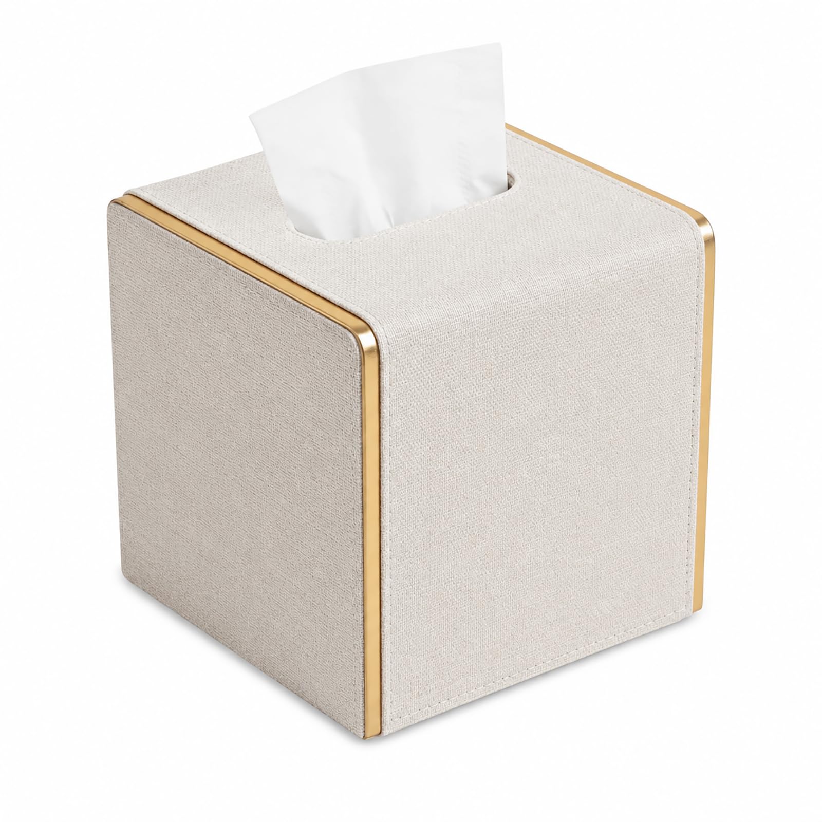 PU Leather Square Tissue Box Cover, Linen Tissue Box Holder with Magnetic Closure, Decorative Modern Cube Tissue Box for Bathroom Vanity Countertop Bedroom Office Desk (Beige)
