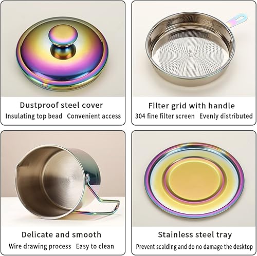 Miniatura 6 de Berglander Contenedor de grasa de tocino arcoíris con colador de 47 onzas, contenedor de almacenamiento de aceite de acero inoxidable chapado en