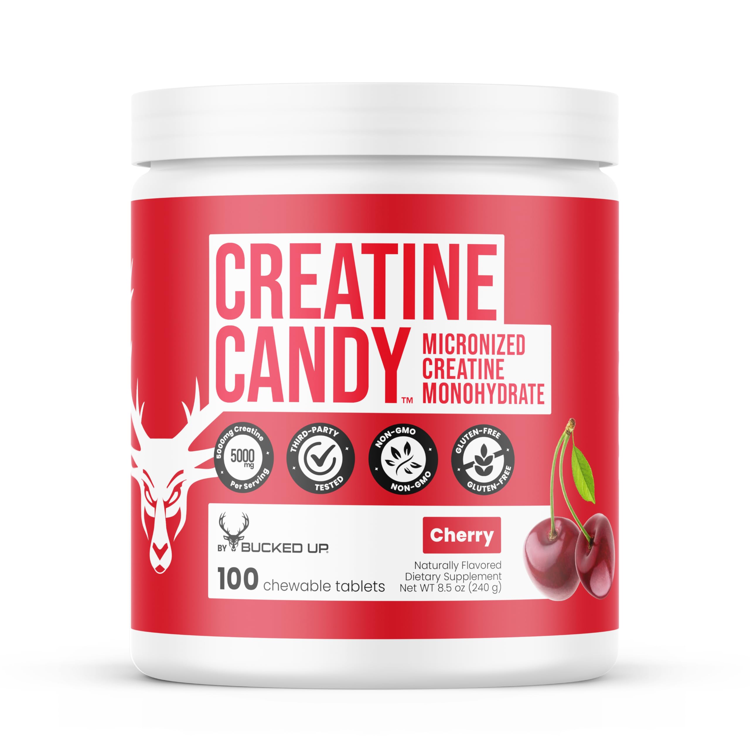 Bucked Up Creatine Candy Cherry | Micronized Creatine Monohydrate | 120 Chewable Tablets, 24 Servings | Fizzy Creatine No Water Needed | Non GMO Gluten Free Third Party Tested