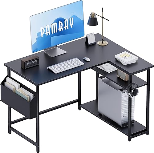 Pamray Escritorio para computadora en forma de L de 40 pulgadas con estantes laterales reversibles, escritorio de esquina pequeño para espacio