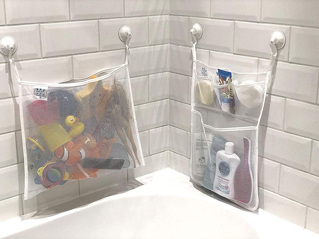 DELFINO Bath Toy Organizer Multi-functional Mesh Storage Bag with 5 Pockets Reusable Bathroom Shower Net Best for Baby Toys Bathing Essentials, 2 Pieces, White