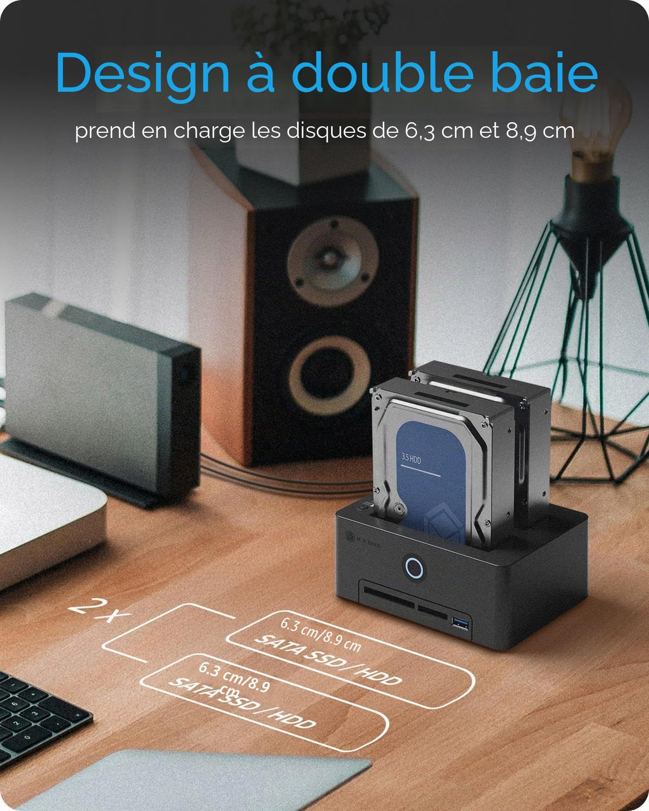 ICY Box IB-1233CL-C Station de clonage pour Disque Dur/SSD SATA 2,5"/3,5", USB 3.0 (5 Gbit/s), clonage Hors Ligne, Lecteur de Carte (CF/SD), hub USB, sans Outil, Externe, Plug & Play, Station