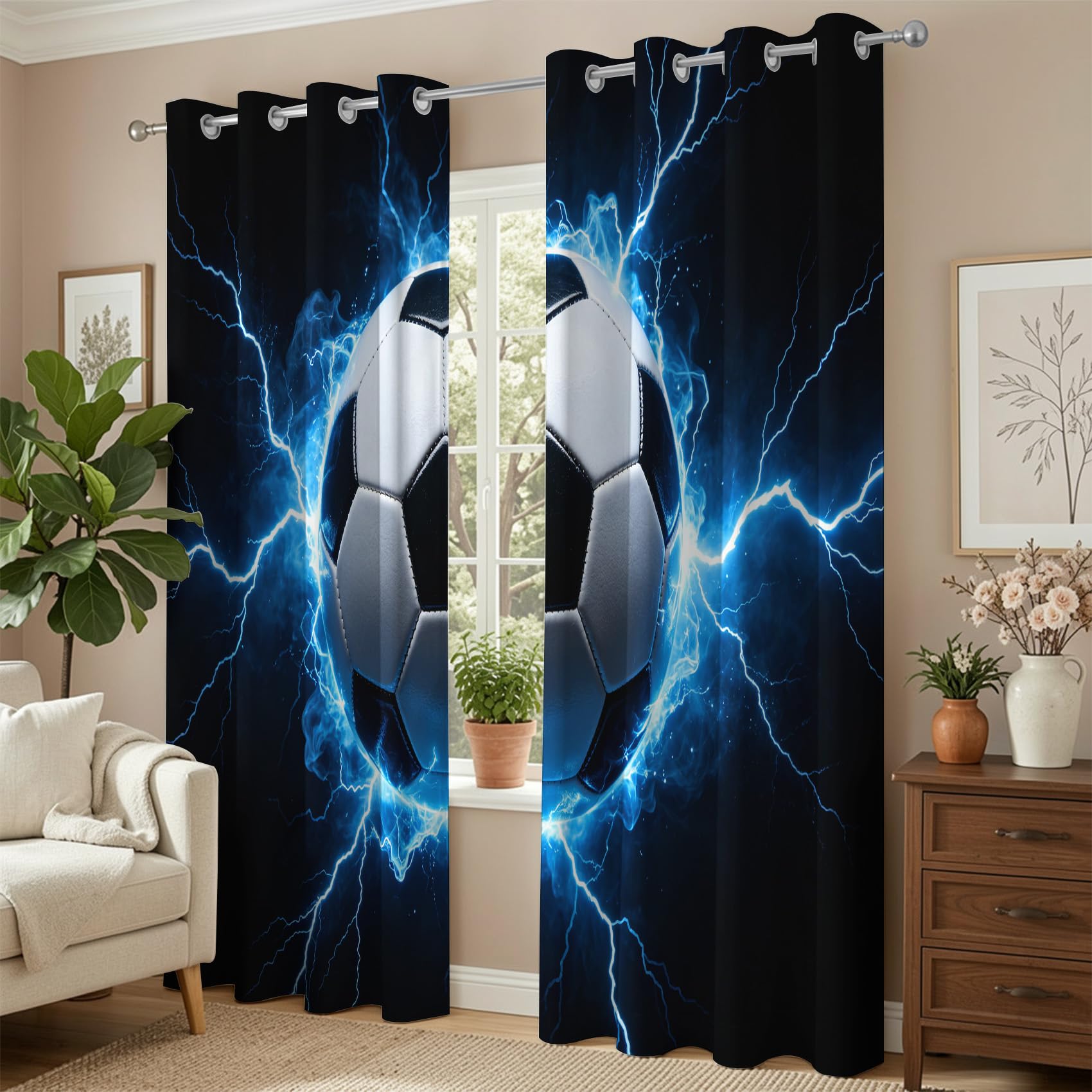 Lot de 2 Rideaux Occultants à Oeillets Football 100x200 cm, 3D Imprimé Rideau Occultant Thermique Isolant Opaque, Rideau Modèle de Football pour Salon Chambre Décoration Fenêtre C/1687