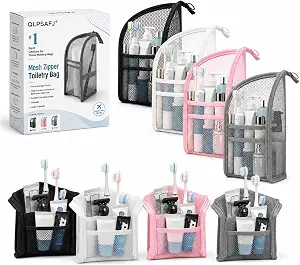 Mesh Zipper Toiletry Bag, Foldable Standing Travel Organizer with Hanging Loop, 4-Pack