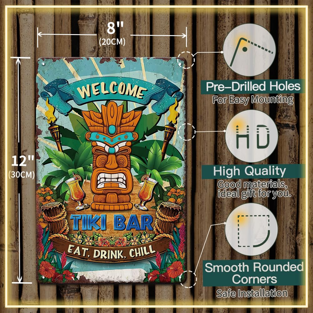 YOYI ART Letrero De Lata Con Texto En Inglés "Welcome Tiki Bar, Vintage, Metal Para Exteriores, Tiki Bar, Piscina, Patio Trasero, Playa Hawaii, Decoración De Habitación, Accesorios De Arte De Pared, 8