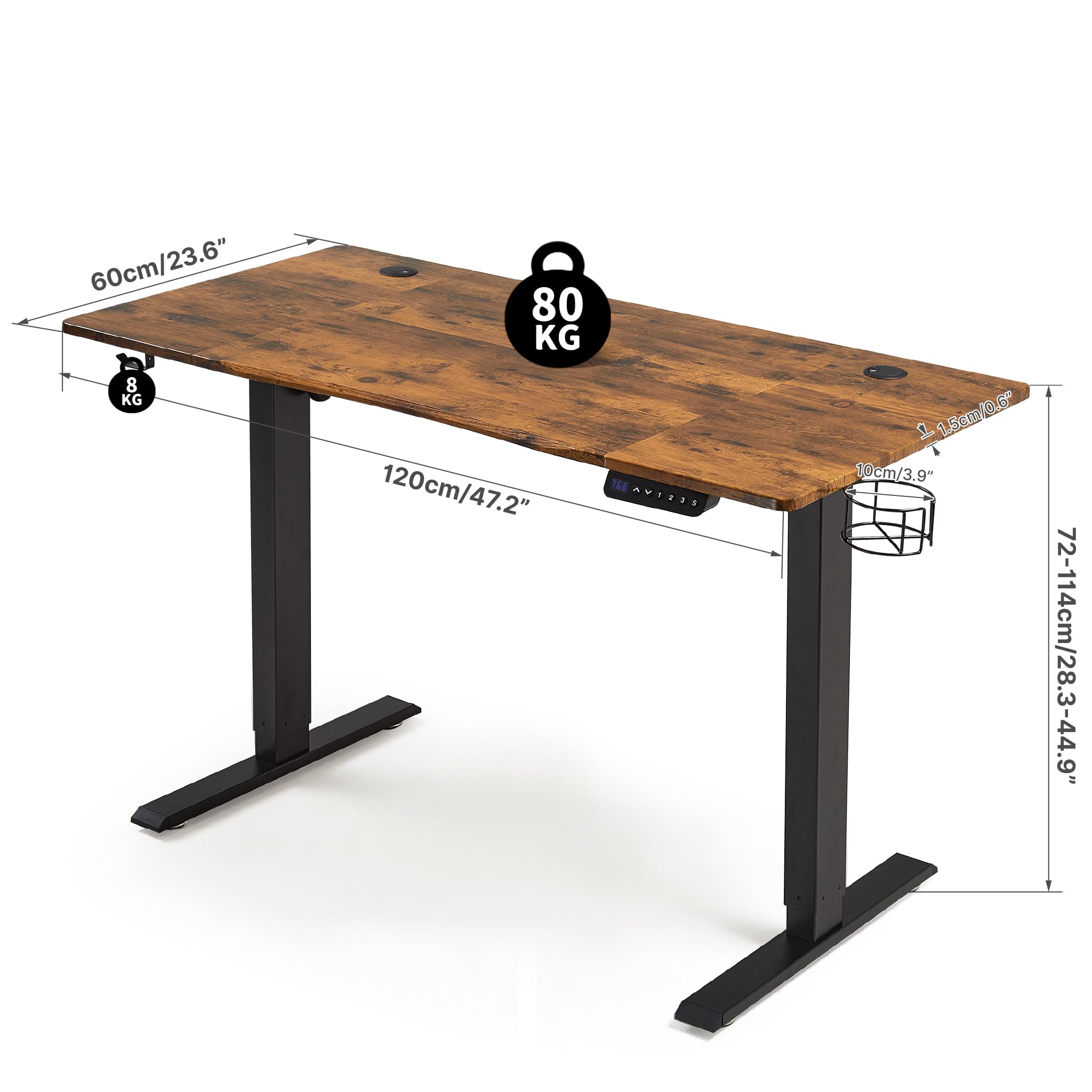 Mondeer Scrivania regolabile in altezza 120 x 60 cm, scrivania elettrica ergonomica con funzione memoria a 3 altezze, tavolo vintage marrone e telaio nero