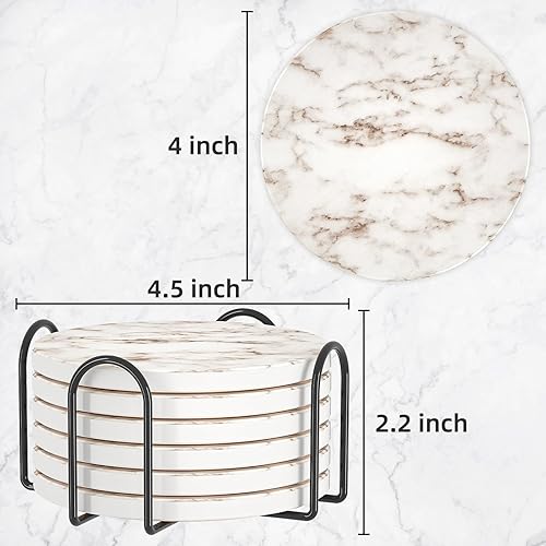 Miniatura 2 de Posavasos absorbentes con soporte, juego de 6 posavasos absorbentes, posavasos de ágata de cerámica con mármol y base de corcho para mesa de café,