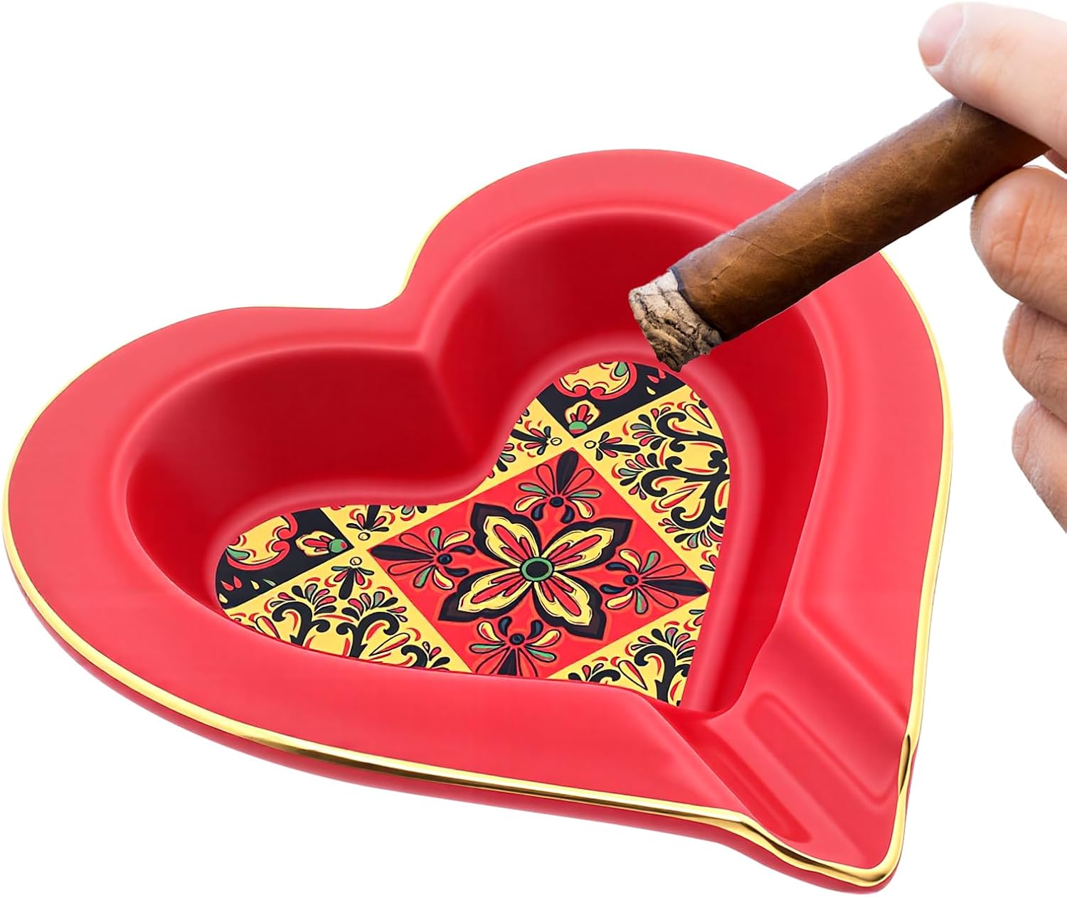 Ceramic Cigar Ashtray with Cigar Rest,Poker Decorative Cigar Ash Tray for Cigars, Anti-Slip Base, Smoking Accessories for Home Bar Lounge Patio, Cigar Gift for Men (Hearts)