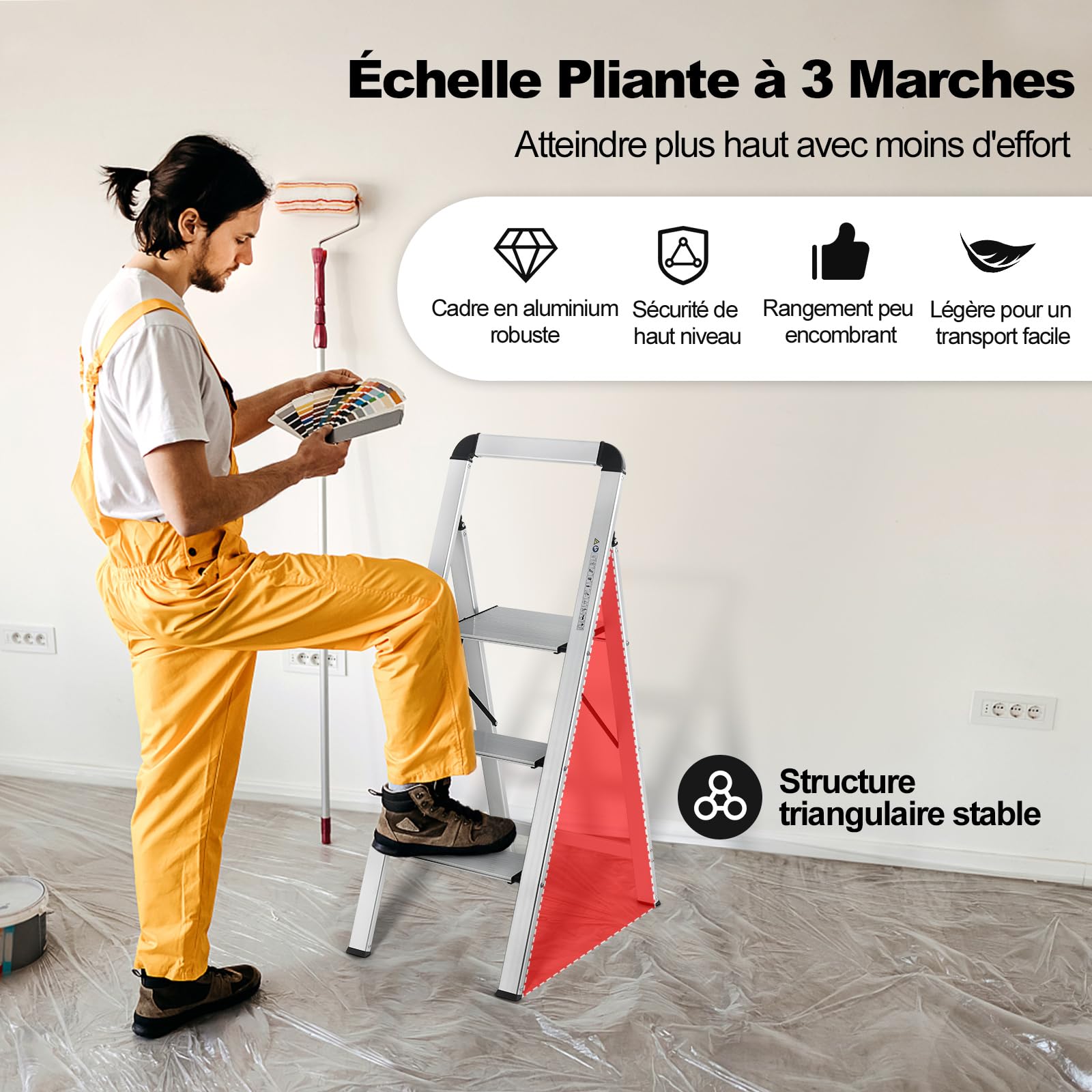 GYMAX Escabeau 3 Marches Pliable, Charge 150 kg, Marchepied en Aluminium, avec Pédale Large & Pieds Antidérapants, Portable & Léger, pour Maison, Bureau, Garage