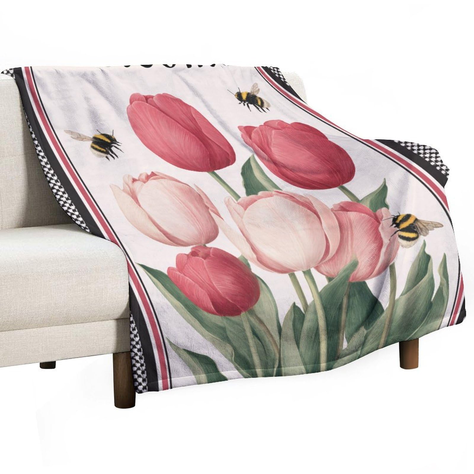 Jubonexis Cluster of Red Pink Tulips And Bee Anti Pilling Throw Blankets Cozy Durable Blanket for Bedroom Living Rooms Couch Sofa Bed 130x150cm(50x60in)