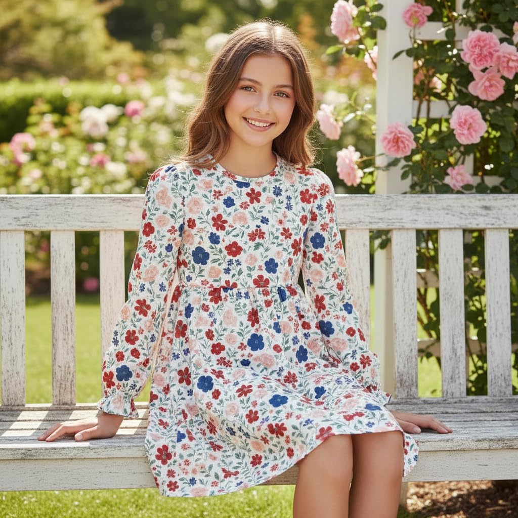 Girls Florals Dress Spring Long Dresses Elastic Cuff for Toddler