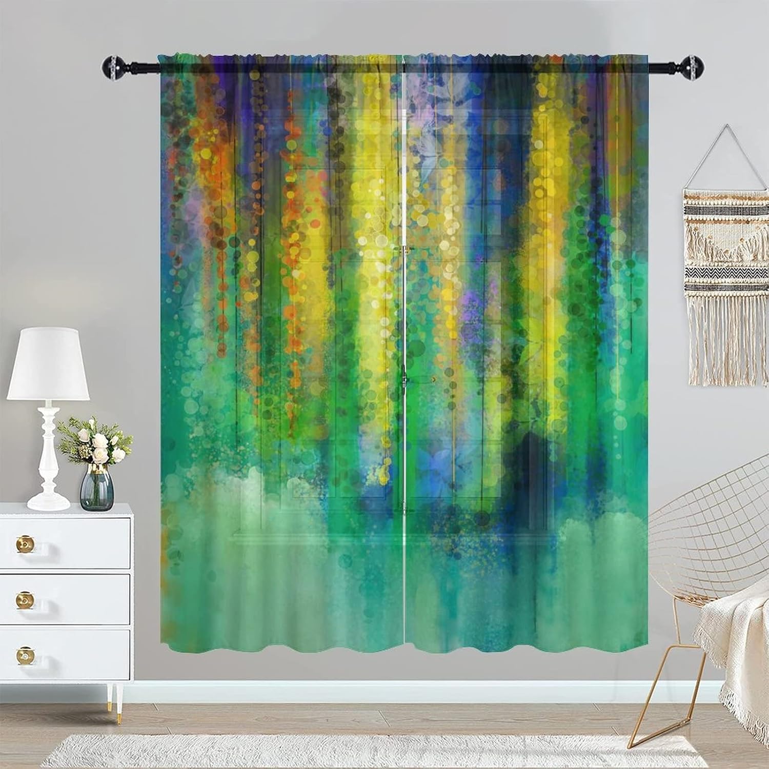 Art Curtain Drapes, Rainbow Colored Paint Semi Curtain Sheers for Bedroom Living