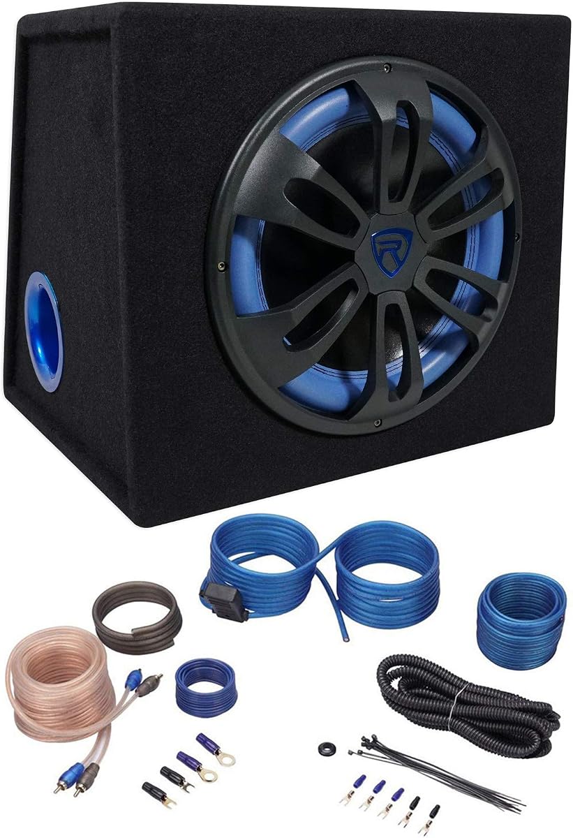 Rockville RVB12.1A 12" 500W Powered Car Subwoofer Bundle with RWK10 Amp Kit | 500W Peak / 300W RMS, Class AB, RCA and High Level Inputs, Low Pass Crossover, Bass Boost EQ, 10 Gauge Wiring Kit, 2-Items