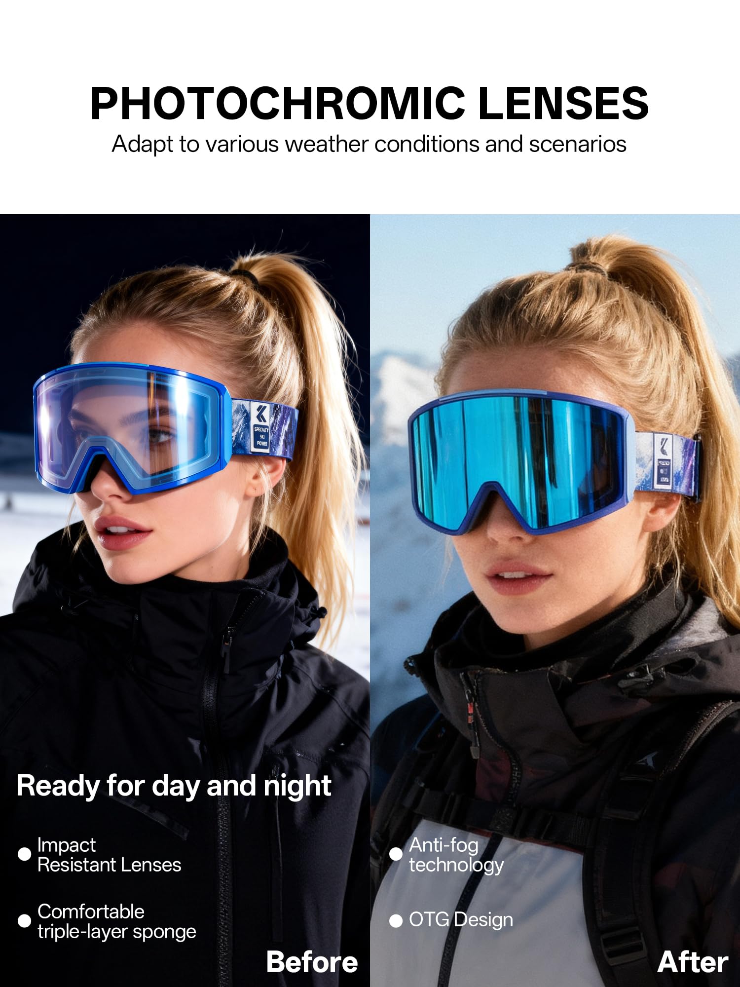 KAPVOE Selbsttonend Skibrille mit Magnetgläsern, Anti-Nebel, UV400-Schutz, für Herren, Damen und Jugendliche, kompatibel mit Helm, ideal für Ski, Snowboard und Eisskaten 06