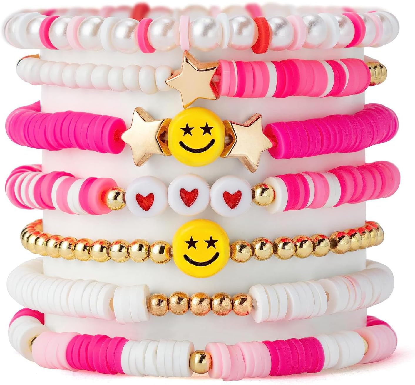 7Pcs Combo Latest Stylish Beach Surfer Bracelets Set | Colorful Preppy Heishi Bracelet | Multilayer Boho Happy Smile Heart Star Stretch Beaded Bracelets | Evil Eye Stackable