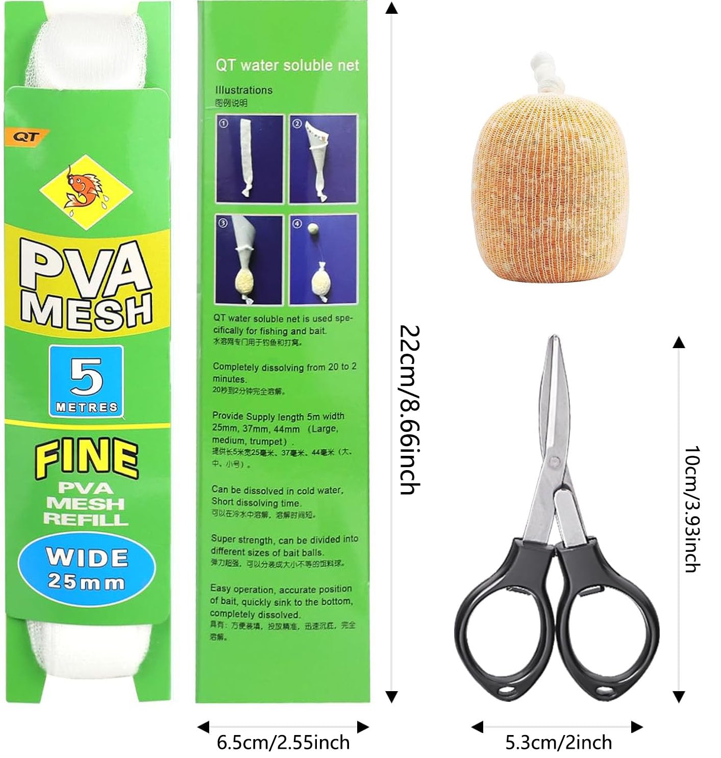 3 Pièces 5m Peche Carpe Accessoires avec Ciseaux PVA Larges Accessoires de Pêche à la Carpe Sacs de Filet Soluble dans l'eau PVA Qui Fond Rapidement pour L'alimentation Précise Filet de Peche Mer