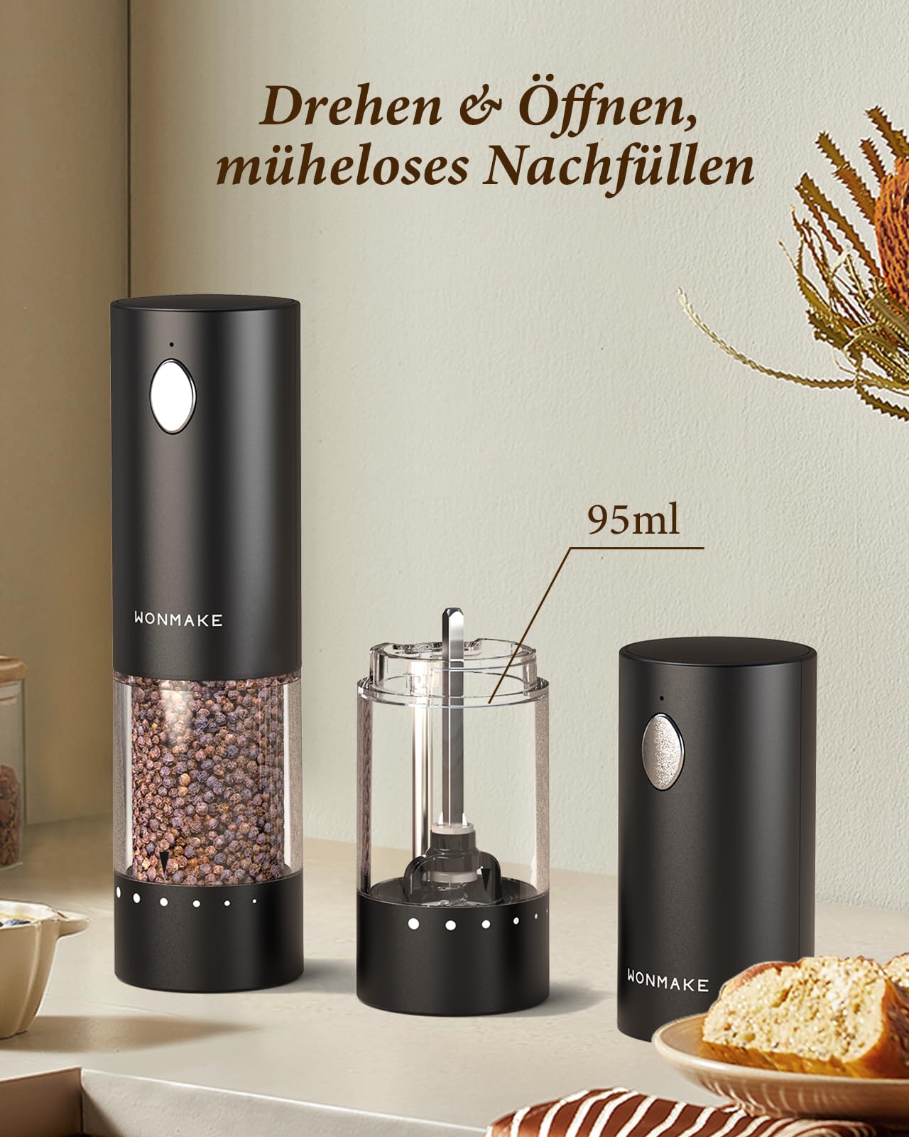 WONMAKE Ensemble moulin à sel et poivre électrique avec station de charge - Moulin à sel et à poivre électrique rechargeable - Réglage du degré de mouture à 6 niveaux - Lumière LED - Utilisation à une