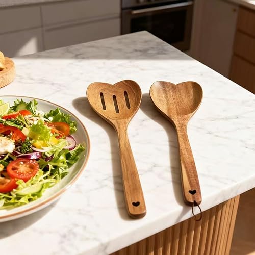 Miniatura 5 de Juego de 2 cucharas de madera con forma de corazón para cocinar, cuchara de madera en forma de corazón, mango largo, utensilios de cocina de
