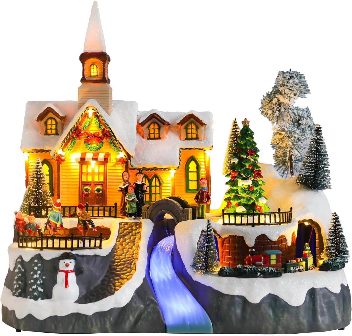 DREAM GARDEN Christmas Village House, Lighted Church with Moving Train and Christmas Tree Battery Operated Musical Collectible Buildings with LED Lights for Home Table Holiday Display Church and Rotating Train