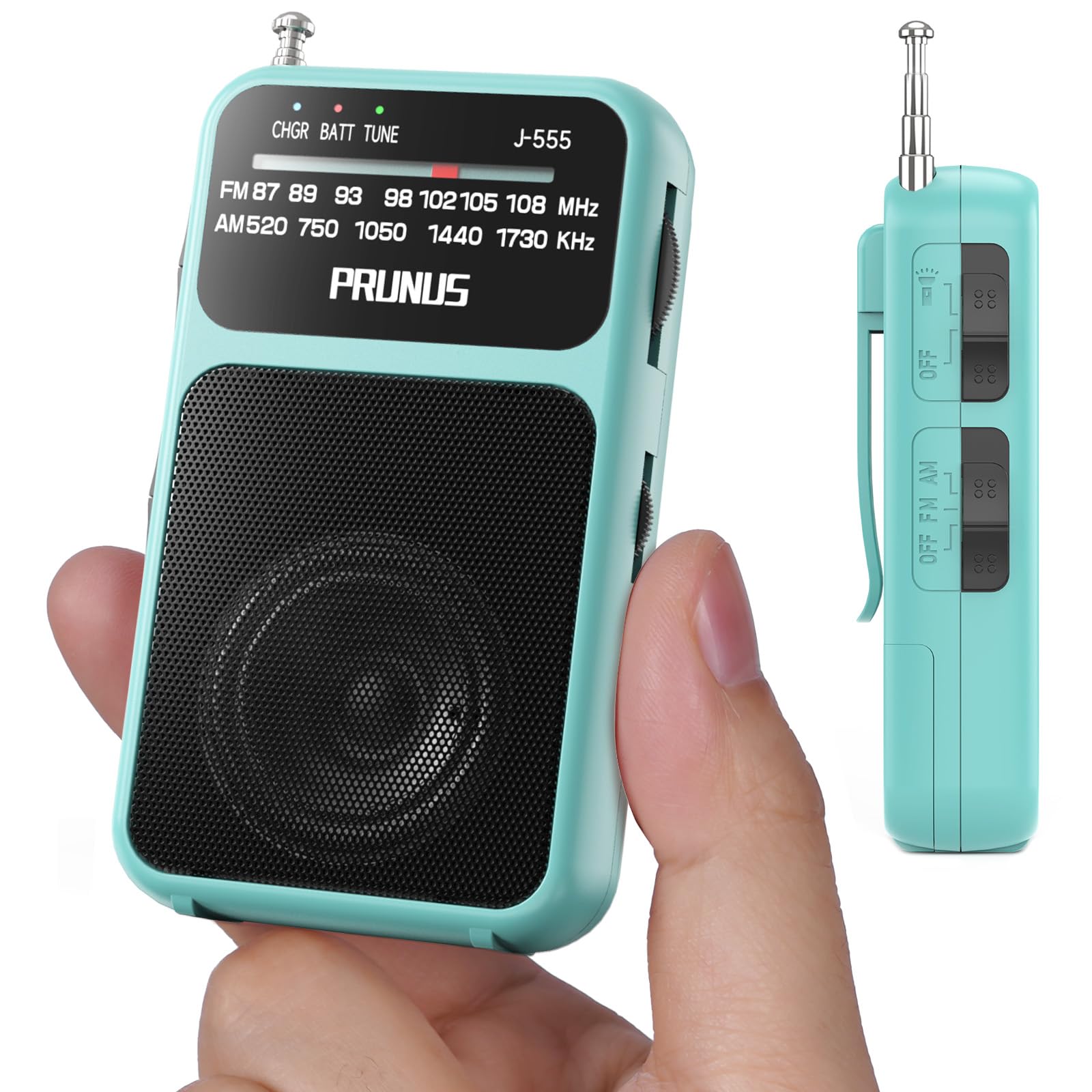 PRUNUS J-555 Pocket Radio AM FM USB-C Charging& Battery Operated, Excellent Reception& Clear Speaker and Headphone Jack, Back Clip, Flashlight, Transistor Radios, Portable Radios AM FM, Mini Radio
