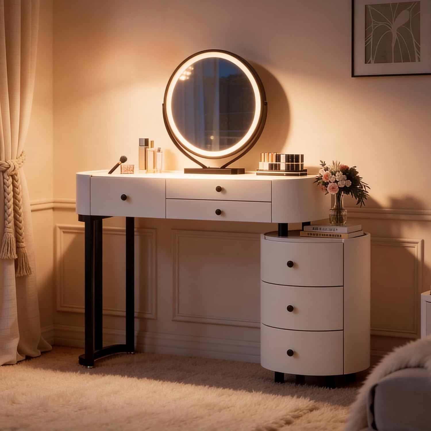 KDCAS Modern Vanity Desk with Mirror and Lights | Faux Leather Makeup Vanity with 5 Drawers | Round Reversible Side Cabinet for Small Spaces 38.38-46.45 in (White)