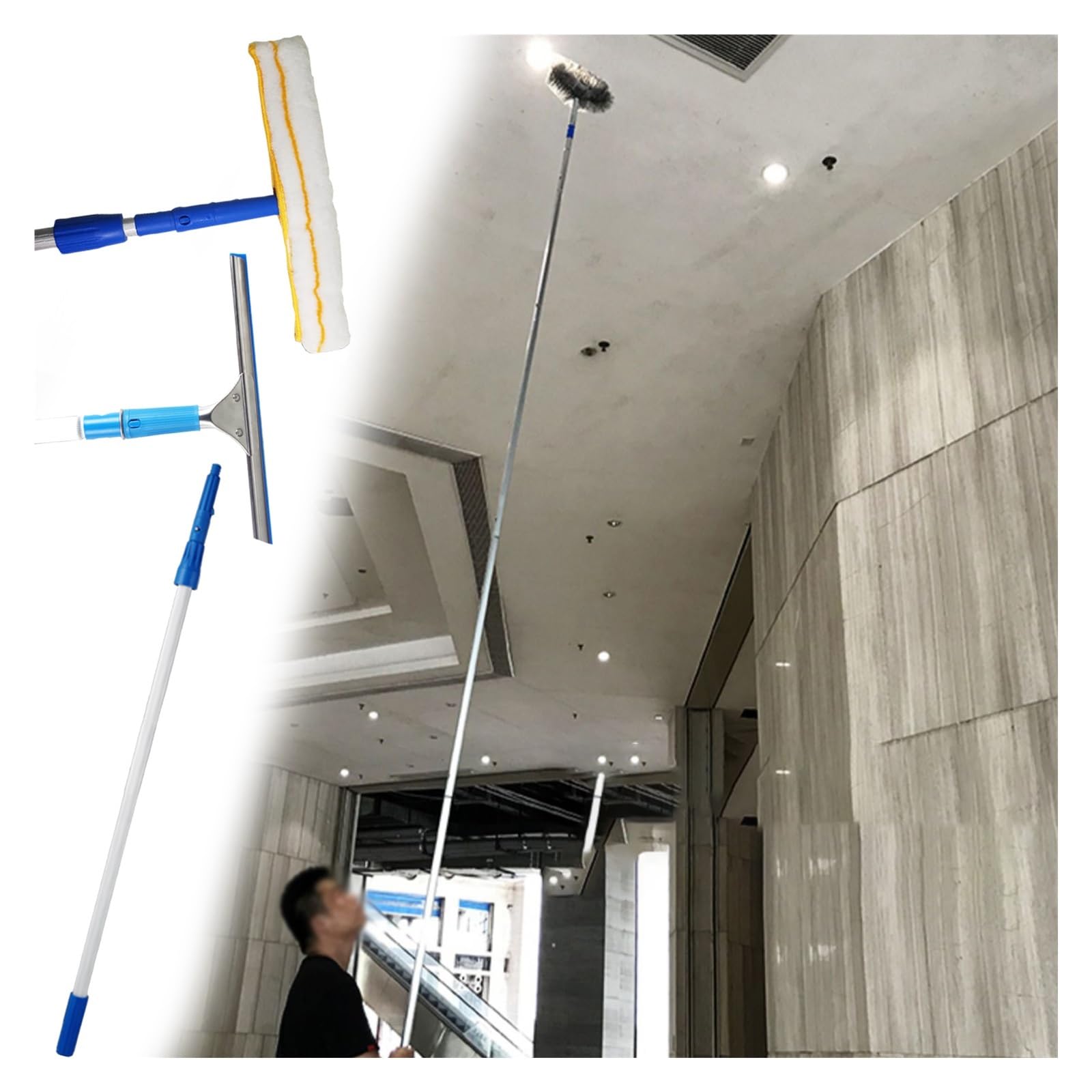Limpiacristales Limpiador de Ventanas 1 2 4 5 M Largo Palo Extensible para Limpieza de Techos, Kit Profesional de Escobilla para Limpiar Cristales, Lavacristales con mango largo de aluminio(L 11.8 ft(