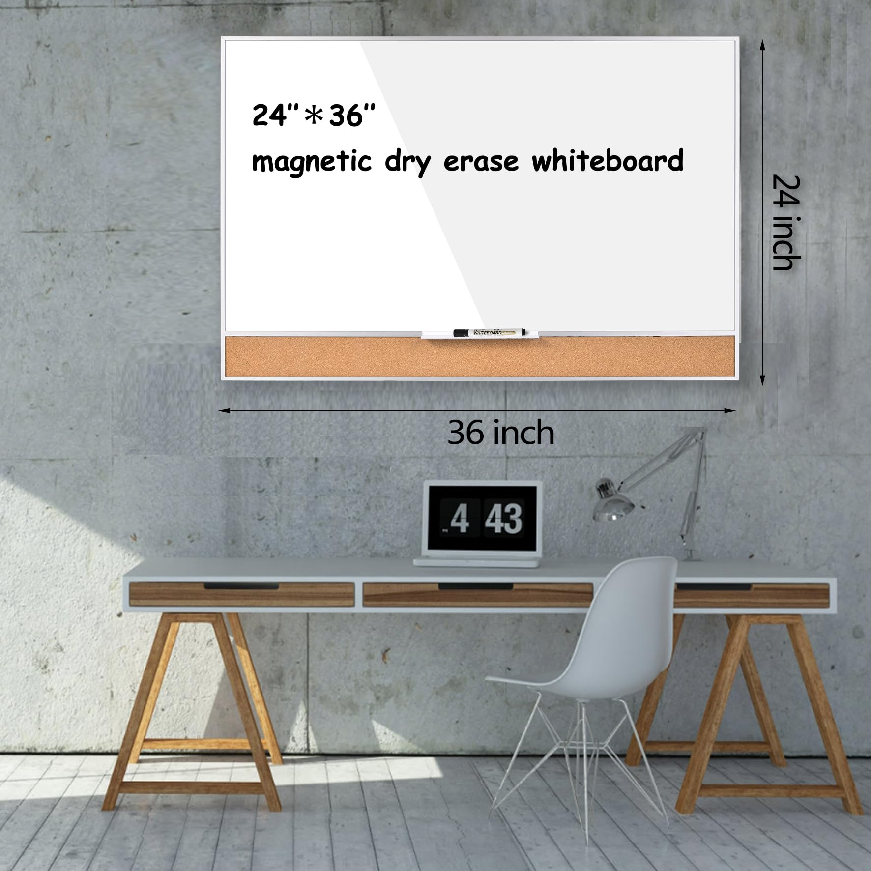 Pizarra blanca de borrado en seco con tablero de corcho para montaje en pared, 24 x 36 pulgadas, marco de aluminio plateado, pizarra blanca magnética de borrado en seco 2-1. MAR6090-LK-WH +