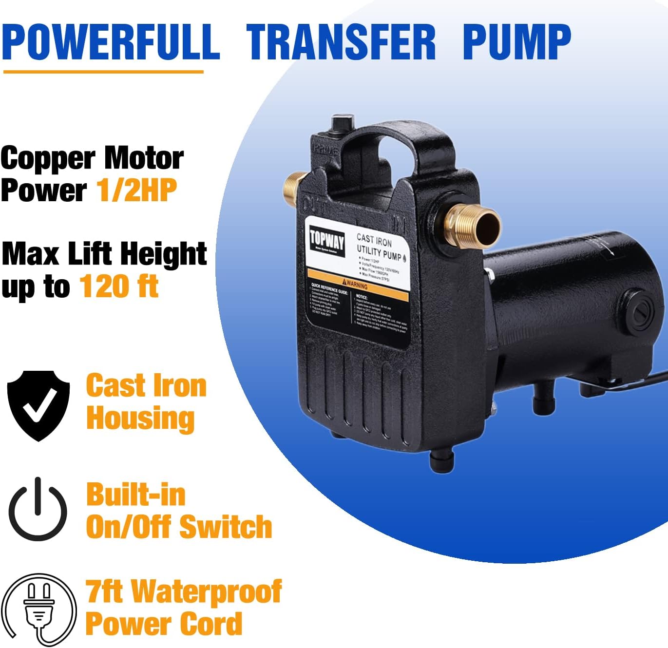 TOPWAY 1/2HP 1560GPH Portable Cast Iron High Pressure Utility Transfer Water Pump with Built-in On/Off Switch,Hose connectors & Suction Strainer.
