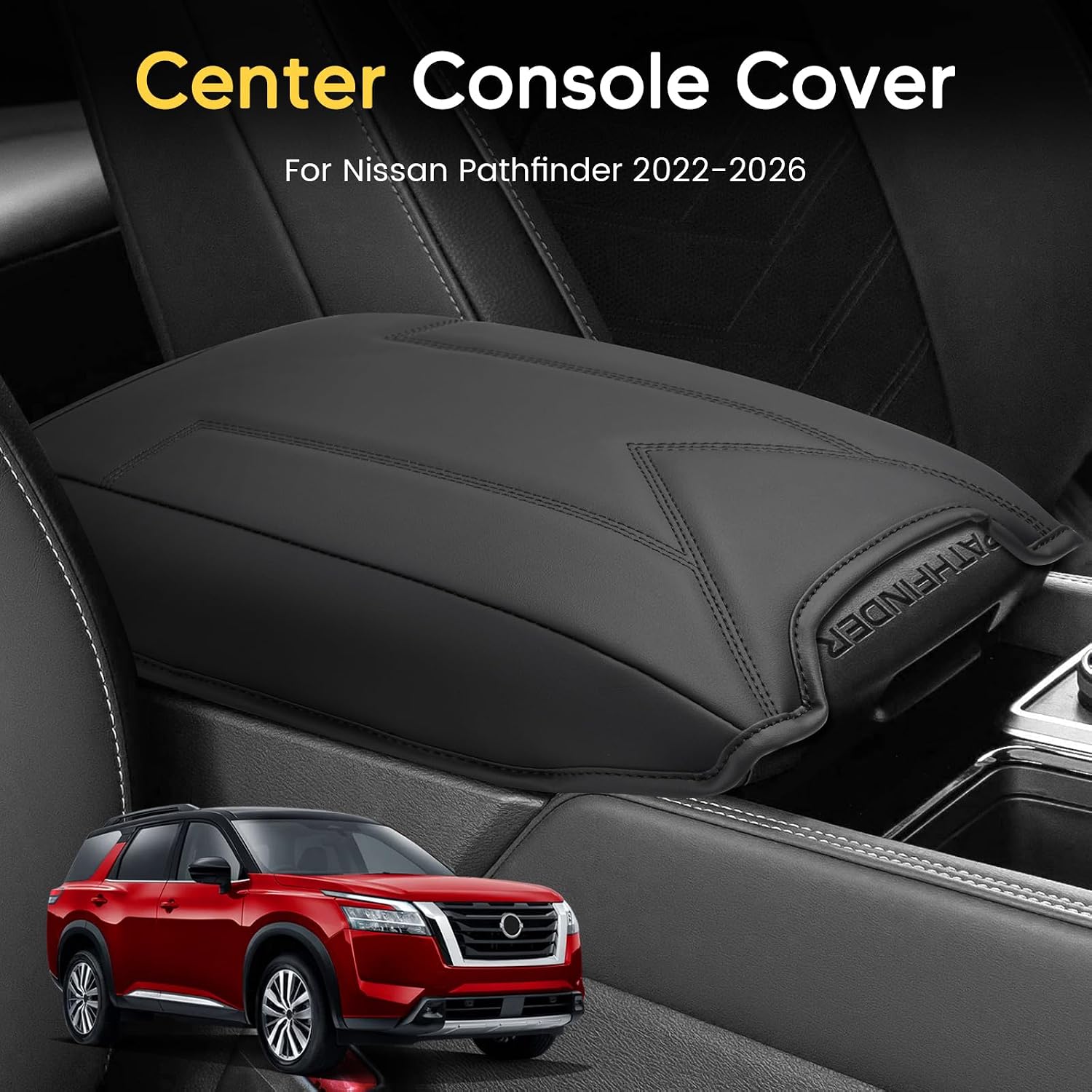 Shademax Center Console Cover for Nissan Pathfinder 2022-2025 2026 Armrest Cover Cushion Pad Arm Rest Cover Leather Console Lids Protector Middle Console Cover for Pathfinder Accessories Anti-Scratch