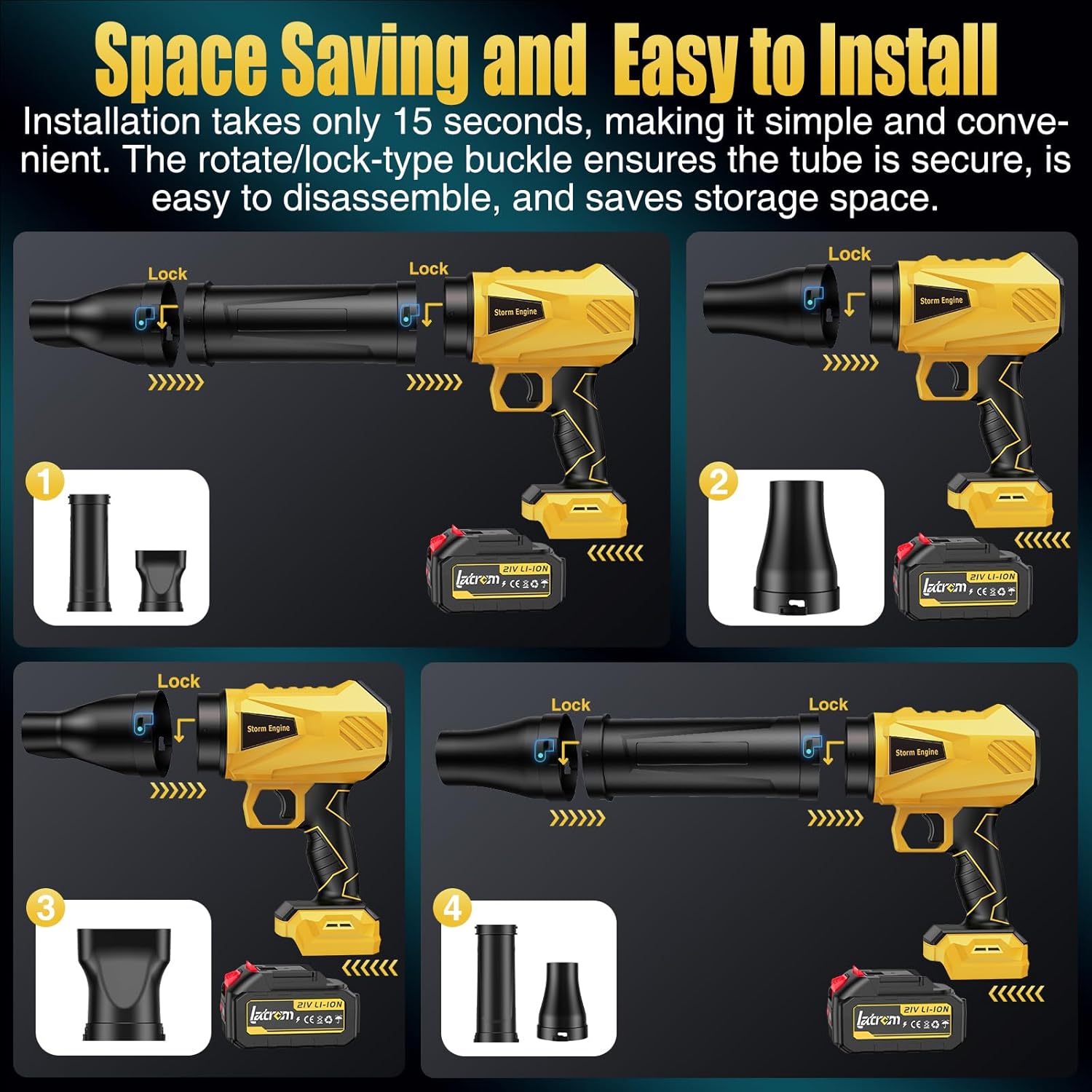 Leaf Blower Cordless with Battery and Charger 1000,000 RPM Handheld Lightweight Patio Cleaning Blower Set Extended Nozzle Design Blowing Leaves and Dust Car Dryer (Yellow) - Image 5