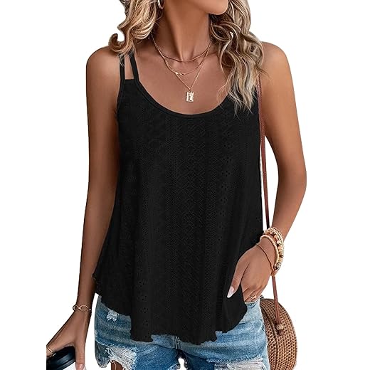 Rukle Womens Tank Tops Eyelet Embroidery Flowy Spaghetti Strap Swimsuit Beach Cover Up Loose Summer Trendy Sleeveless Cami,Black,XL