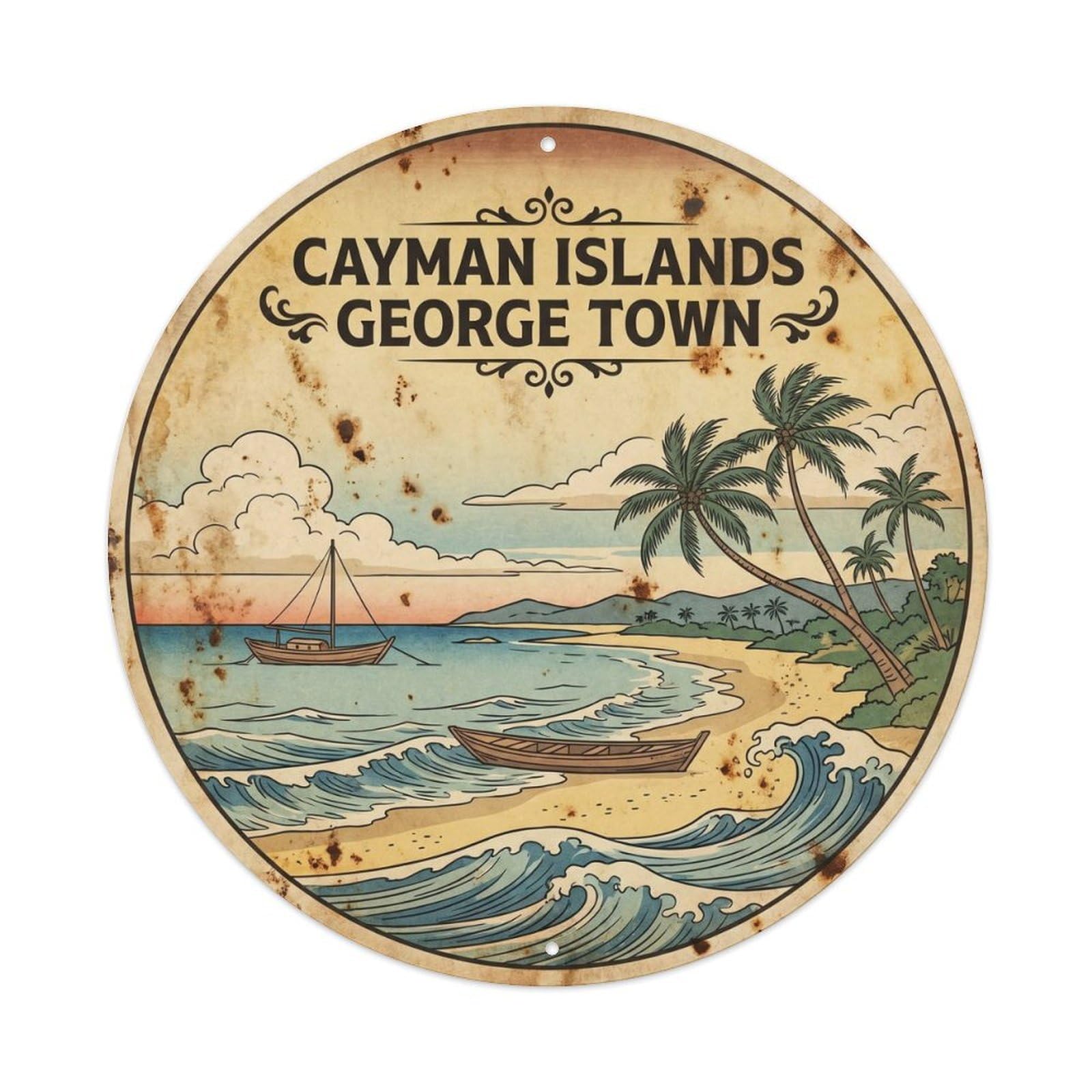 Cayman Islands Georgetown Lagoon Travel Vintage Woodcut Metal Tin Sign