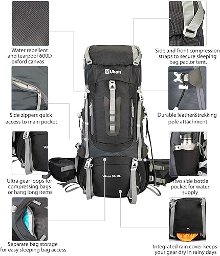 Miniatura 5 de Ubon Mochila de senderismo con marco interno de 5060 L, mochila de camping para hombres y mujeres con cubierta de lluvia